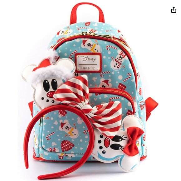 Loungefly Disney Snowman Mickey Minnie Christmas Backpack & Ears Set main image 8